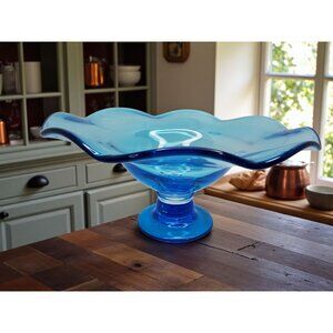 Vintage Handblown Artglass Peacock Blue Ruffled Pedestal Footed Compote Bowl